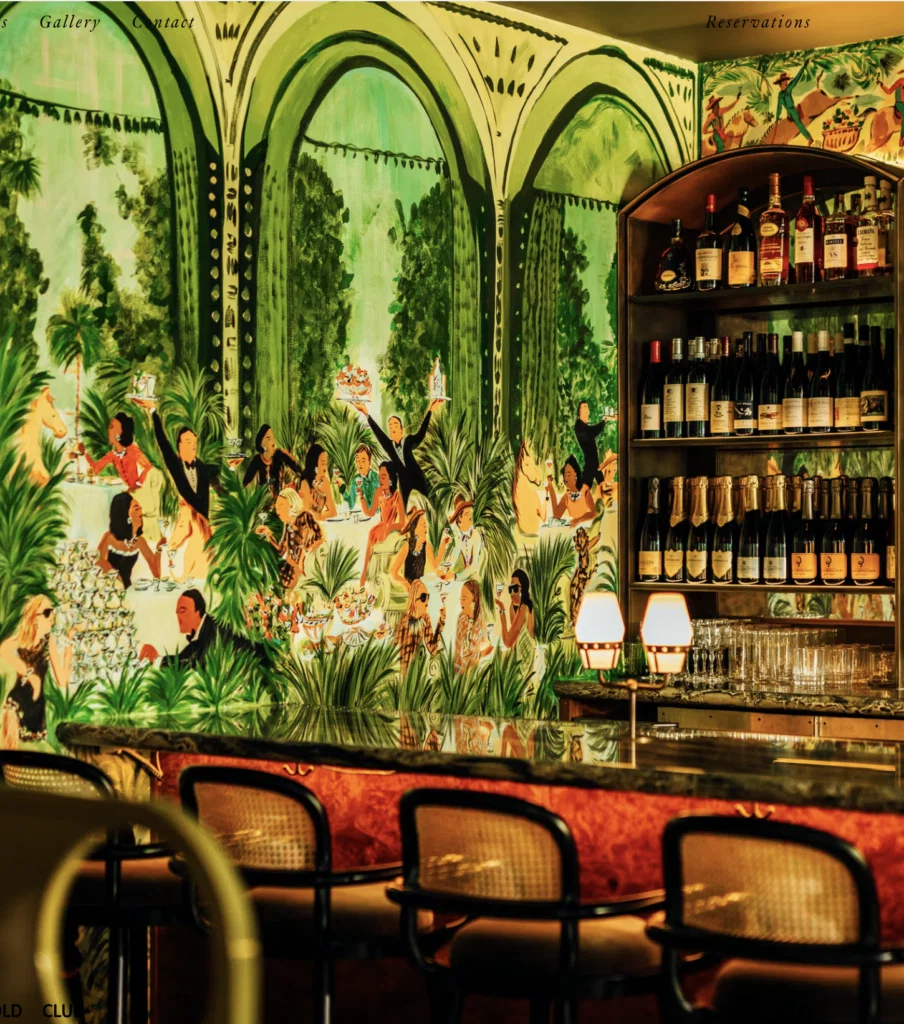 The Bemelmans-inspired mural at The Marigold Club wraps around the dining room, hand-painted by Pauline de Roussy de Sales. 